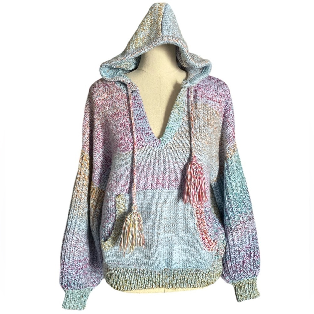 Ombre Multicolored Oversized Chunky Knit V-Neck Slouchy Hooded Sweater Sz Small